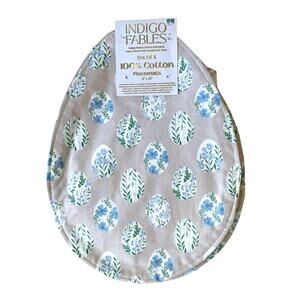 Indigo Floral Easter Egg Shaped Placemats 11x15 Cotton Blue Green Grey NEW